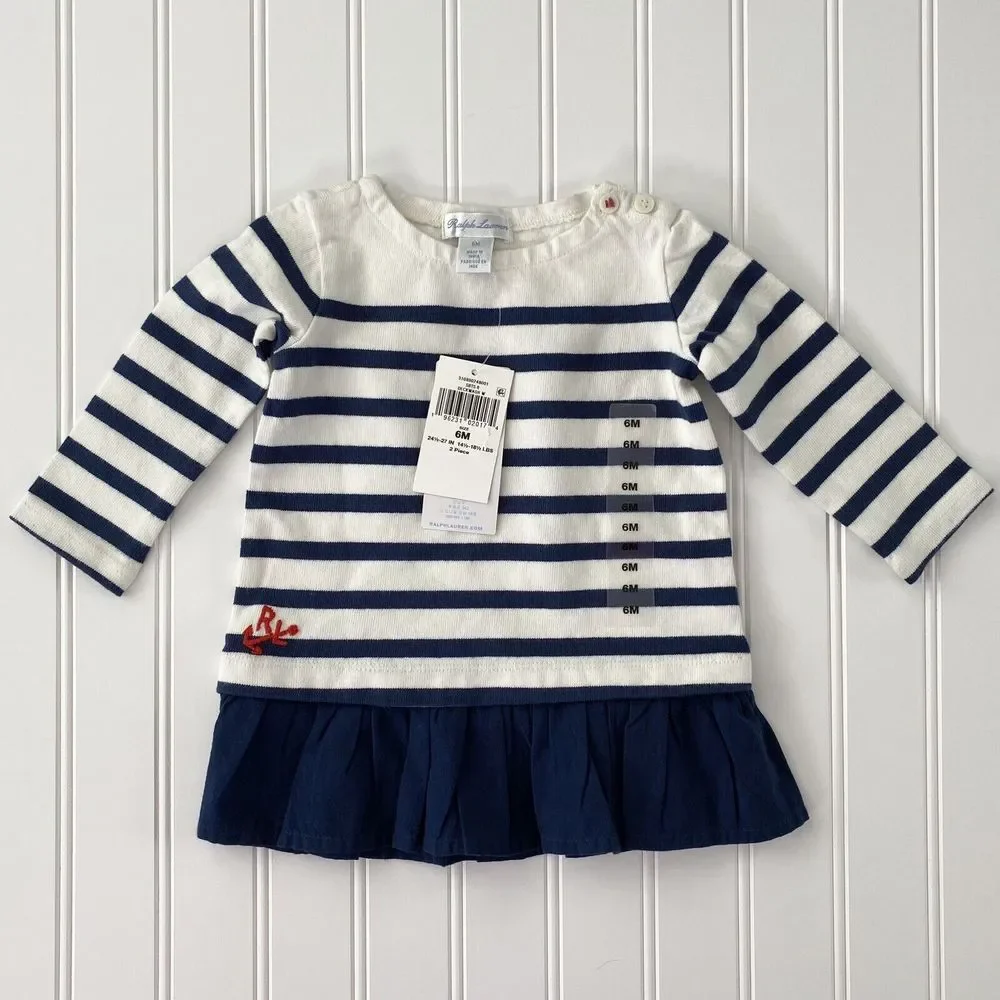 Ralph Lauren Striped Jersey Dress (Size 6M) 100% Cotton Nautical *No Bloomers*